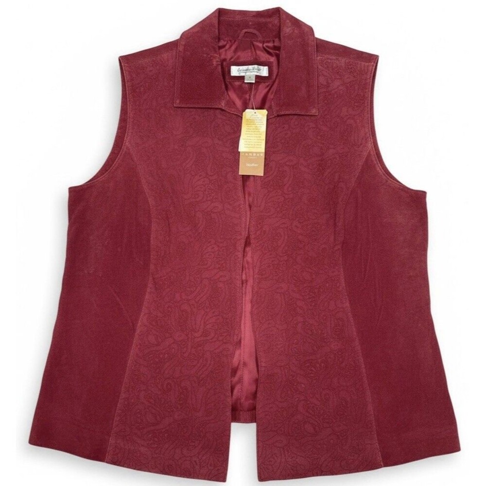 Coldwater Creek Vest Womens XL/1X Leather Front Western-Chic Red Embossed
